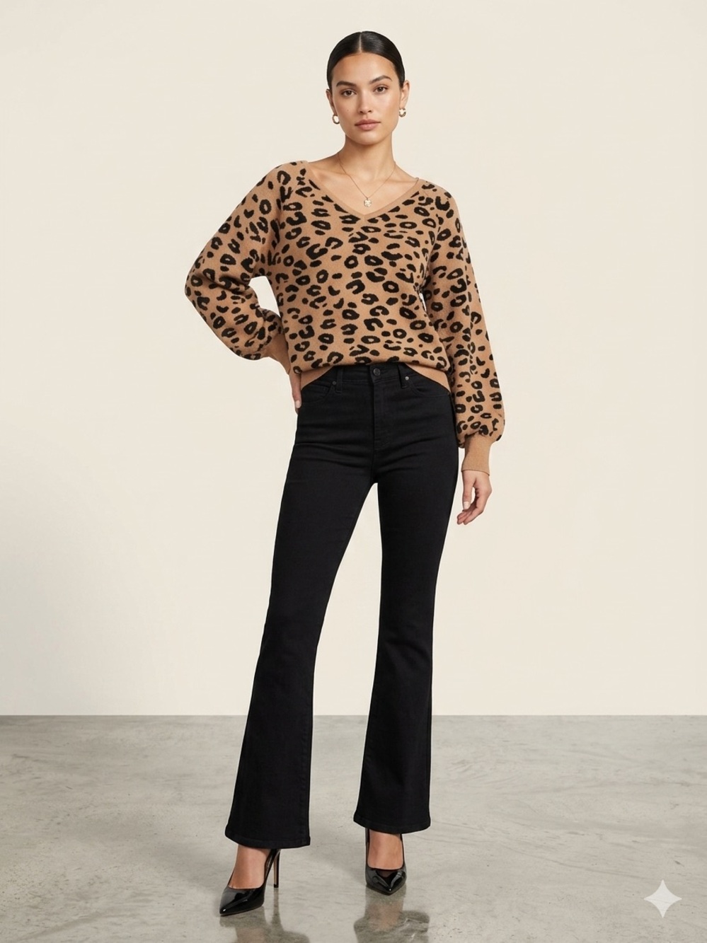Philosophy Leopard Print V-neck Sweater Puff Sleeves Size Large